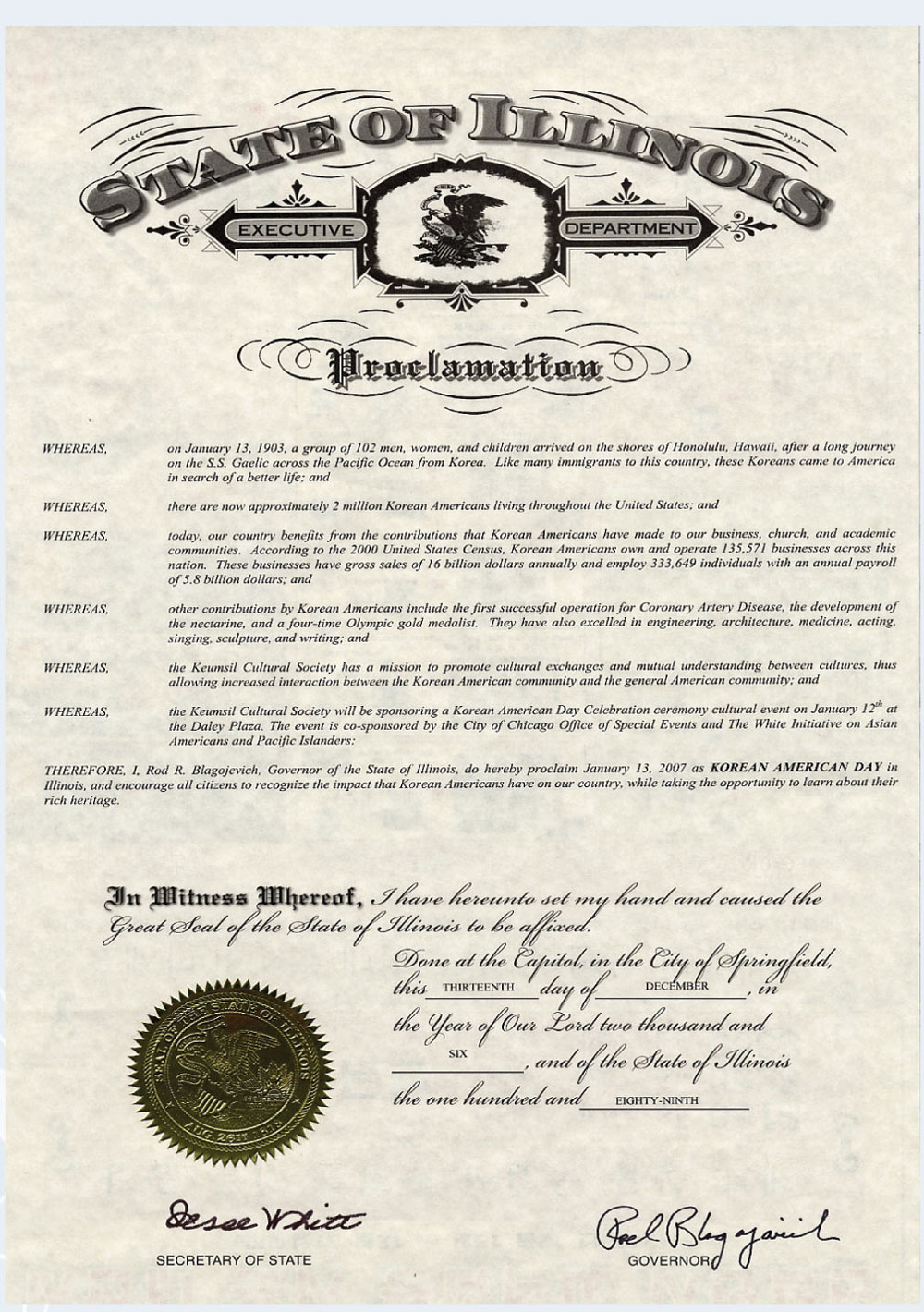Korean American Day Proclamation - Rod R. Blagojevich, Governor of the State of Illinois